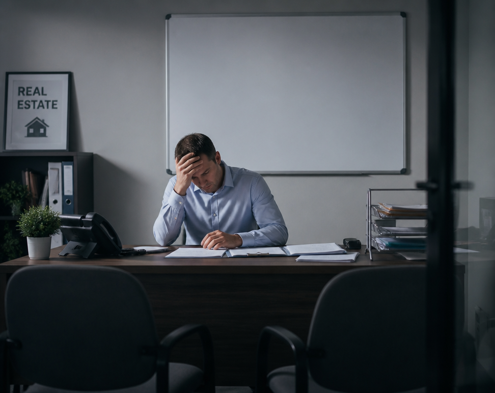 Quiet realtor office with scattered enquiry forms and an empty listing pipeline